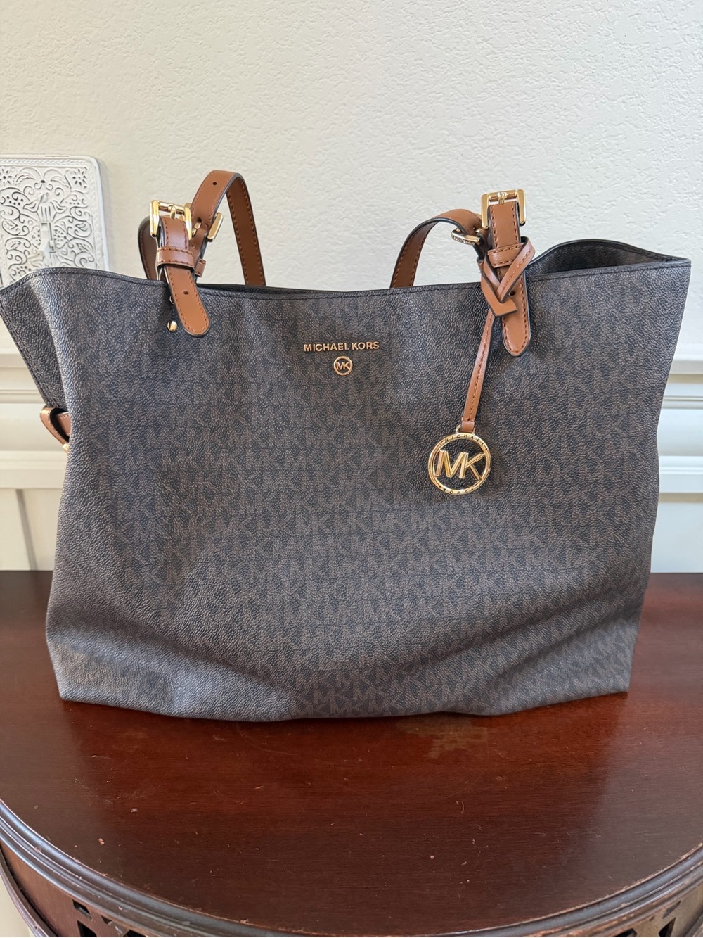 Michael Kors Brown MK Logo Tote with Tan Leather Straps and Gold Charm